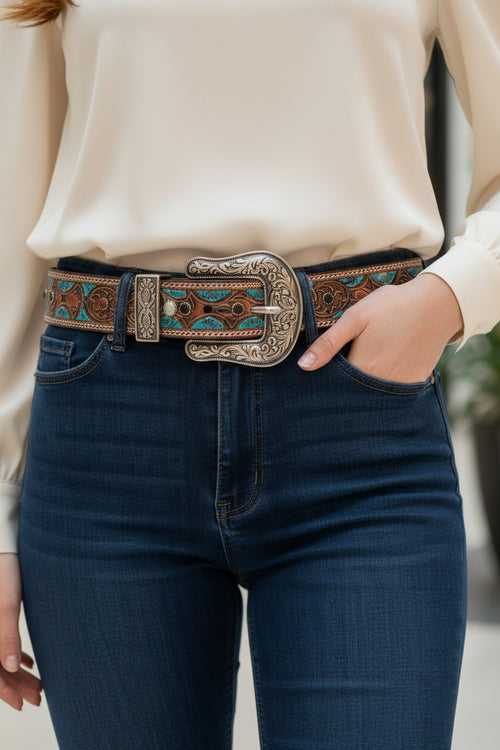 HAND CARVED WESTERN STYLE LEATHER BELT