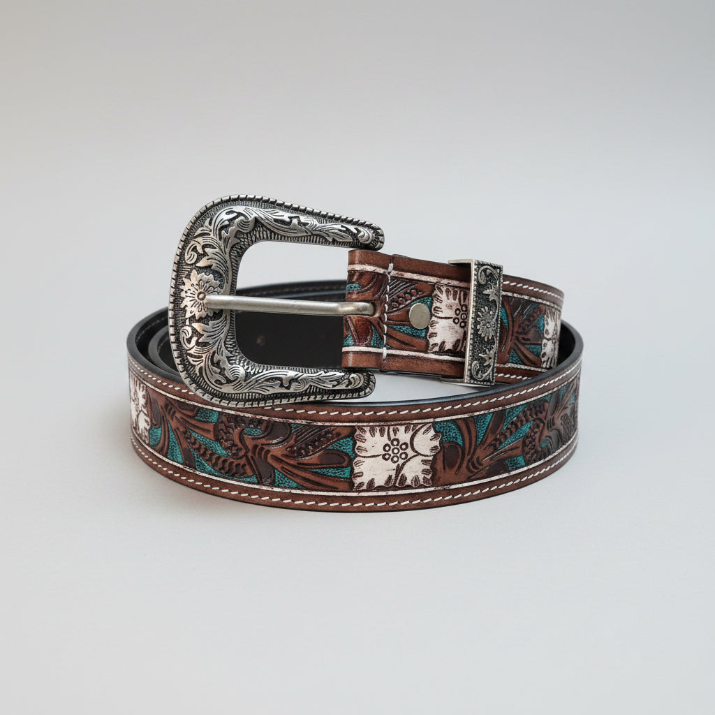 HAND CARVED WESTERN STYLE LEATHER BELT