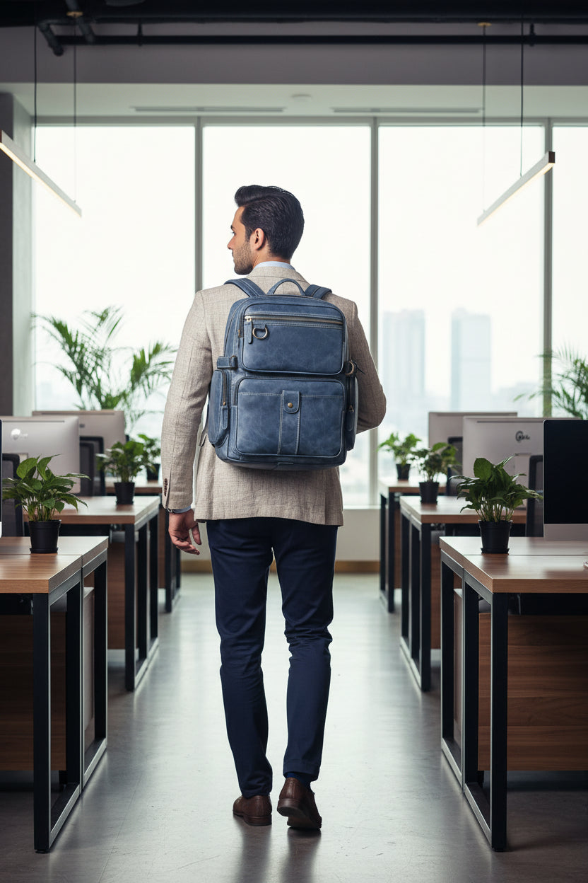 Blue leather backpack on a wooden surface with a dark background