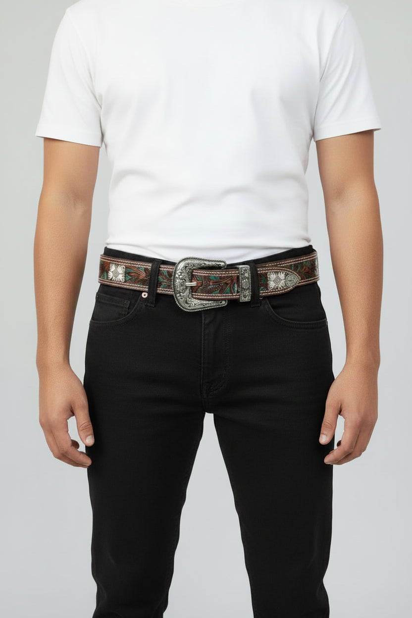 Decorative belt with intricate designs on a white background
