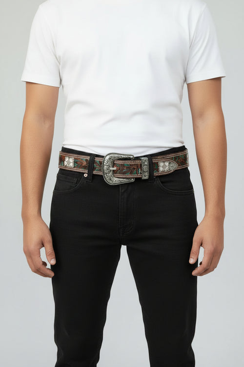 Decorative belt with intricate designs on a white background